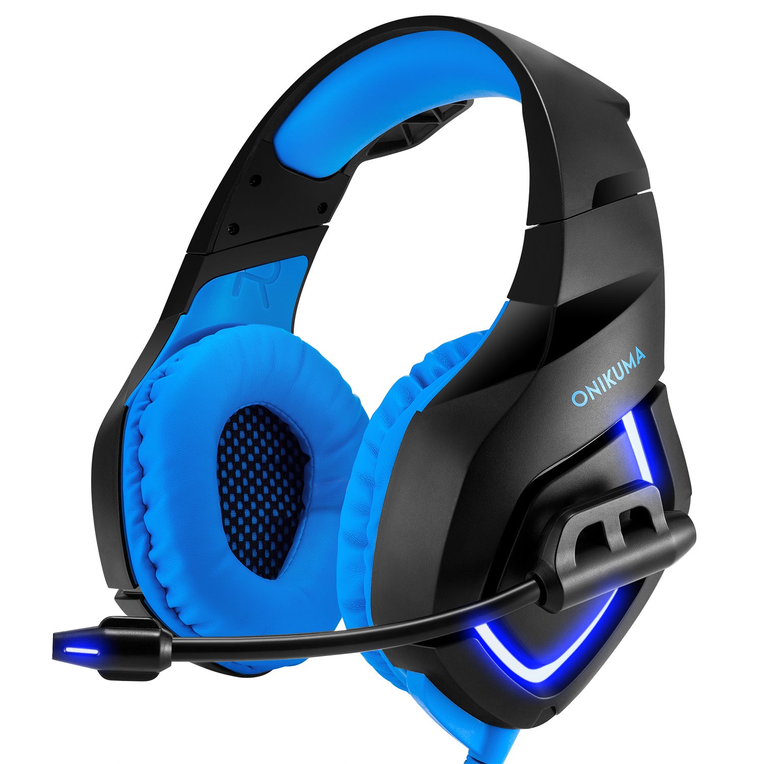 ONIKUMA K1-B with LED Black and Blue Gaming Headset Wired Stereo Game Headphones Noise-canceling Gaming Headphone with Mic compatible with PS4 Xbox Laptop Computer Cellphone