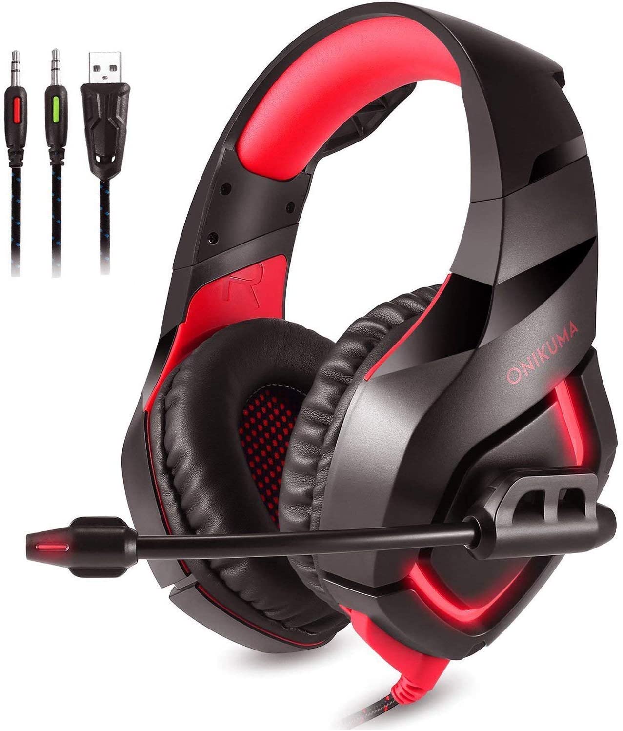 K1 Headphones, Stereo Gaming Headset Compatible with PC PS4 Xbox One Controller Nintendo,Over Ear Headphones with Noise Canceling Microphone,Soft Memory Earmuffs for Laptop Mac (K1-b red)